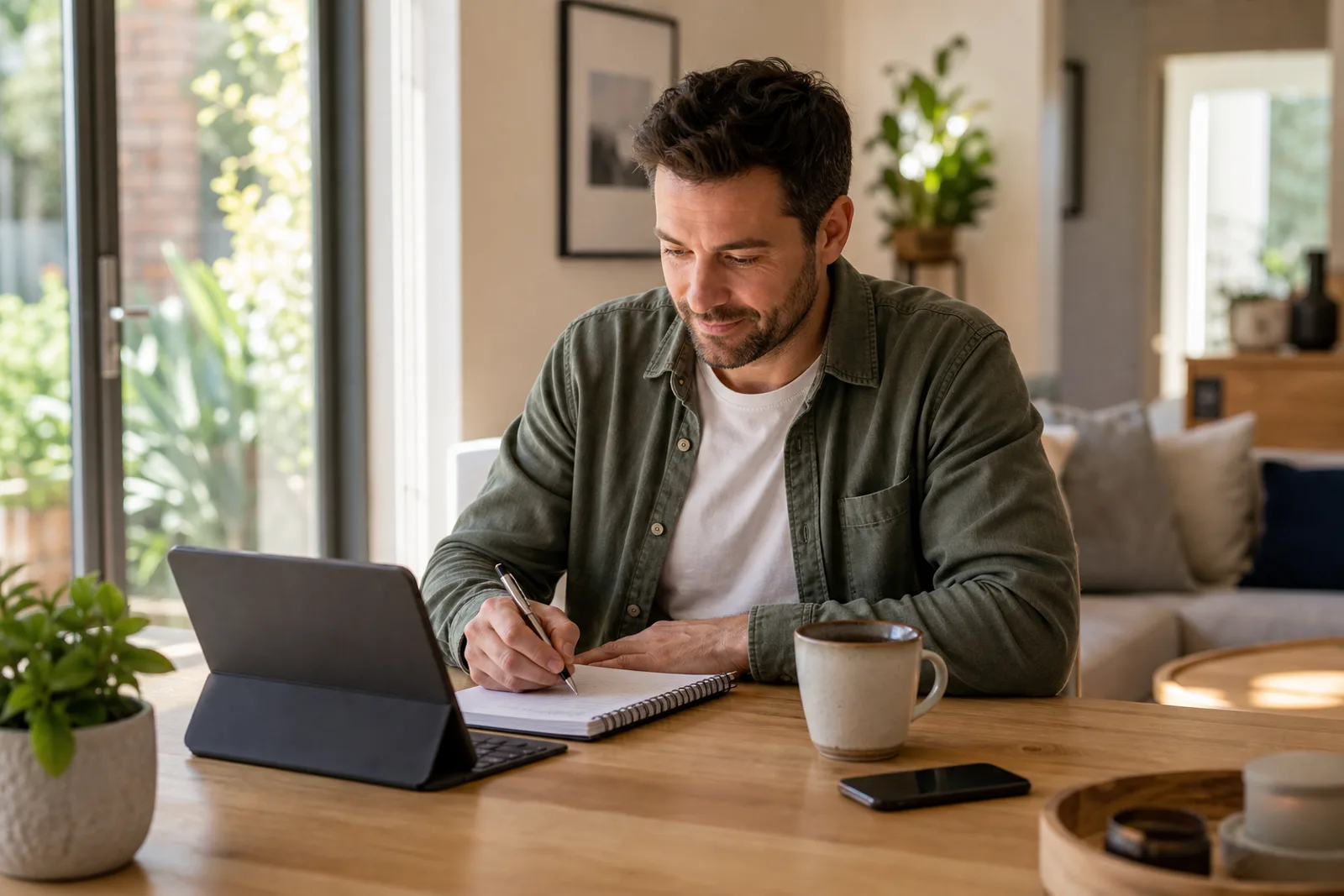 Homeowner doing a yearly loan review with a notebook and laptop at home