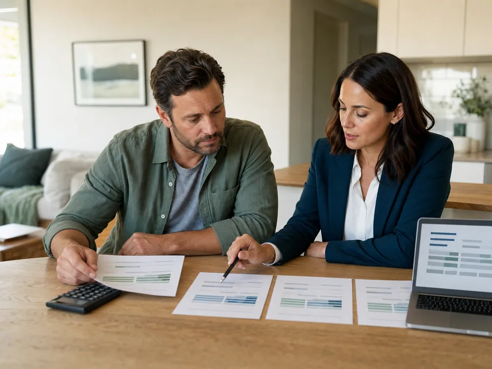 Australian homeowner and mortgage broker comparing a current loan with several refinance options