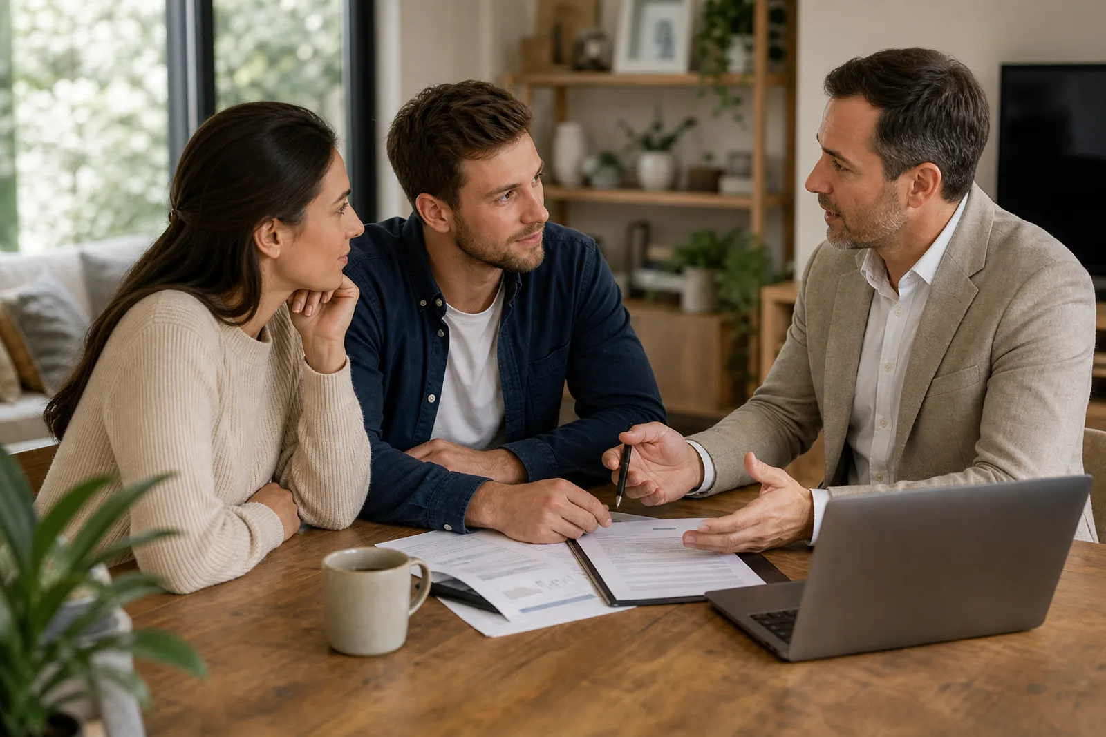 Borrower discussing home-loan options with an adviser at a table