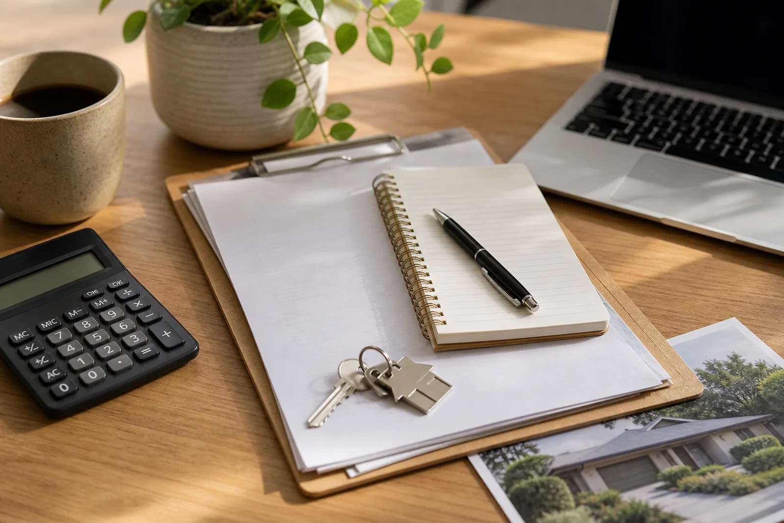 Calculator, keys, blank paperwork, and notebook arranged for buying-cost planning