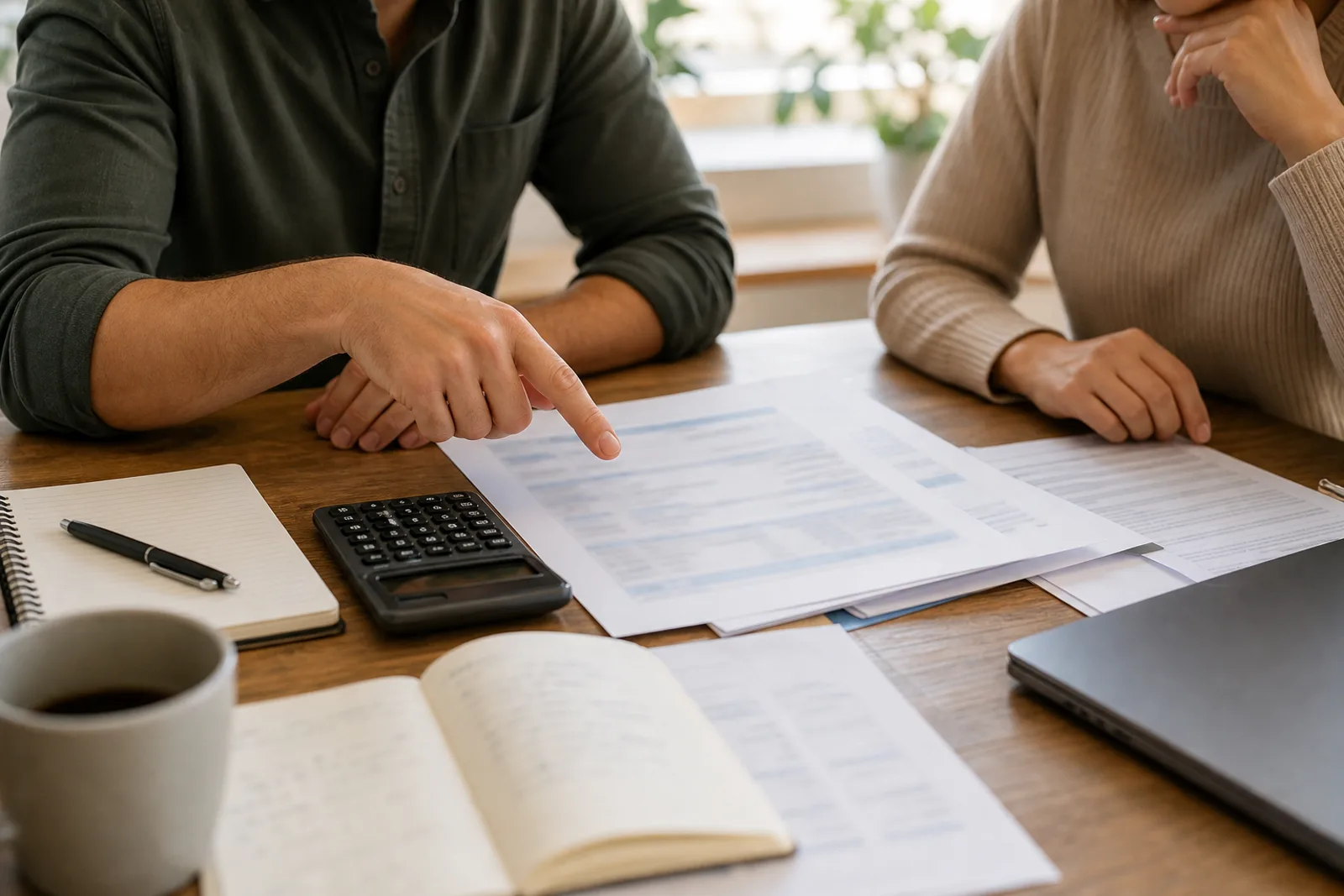 Adviser pointing at blurred rate and fee paperwork beside a calculator