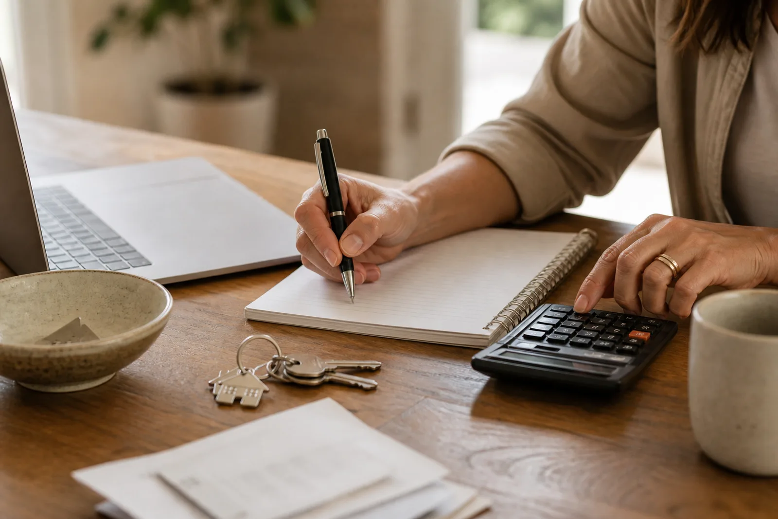Hands writing deposit-planning notes beside keys and a calculator