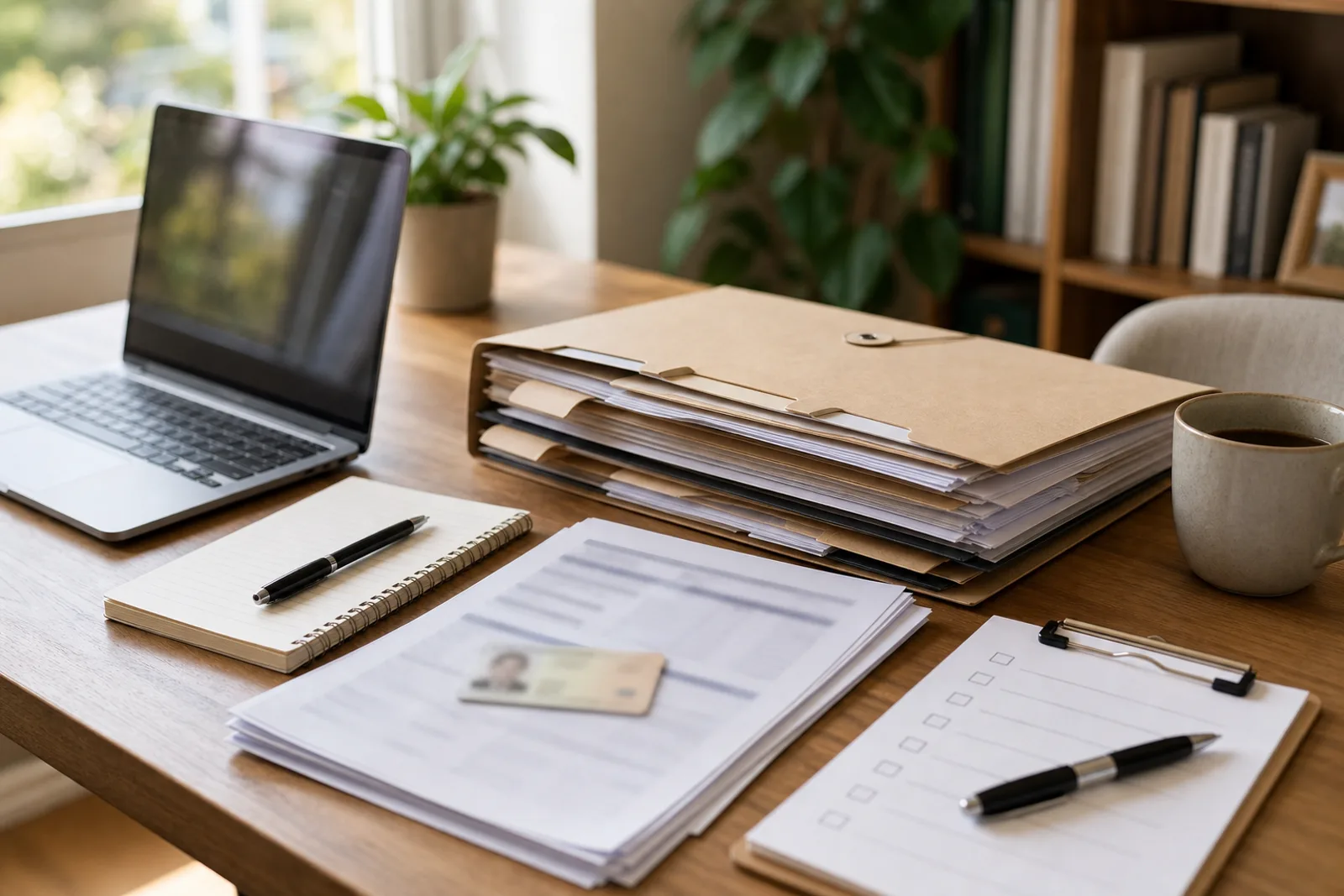Organised home-loan document folder beside a laptop and blurred generic cards