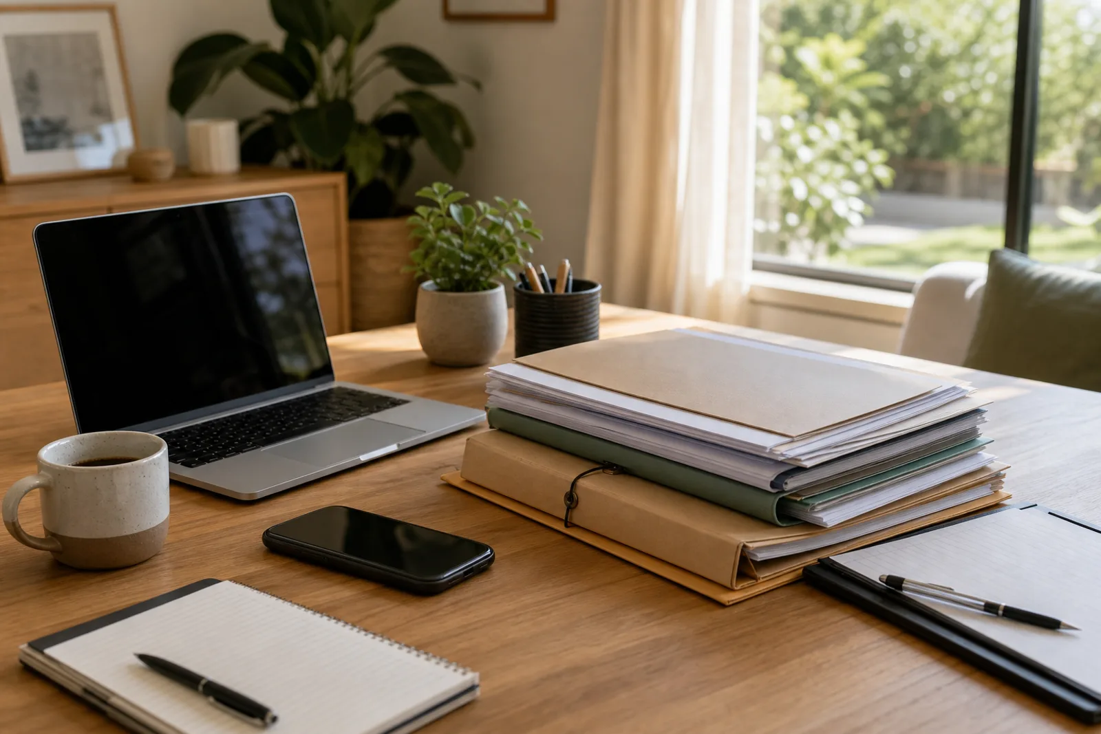 Refinance document folders beside a laptop and phone in a home office