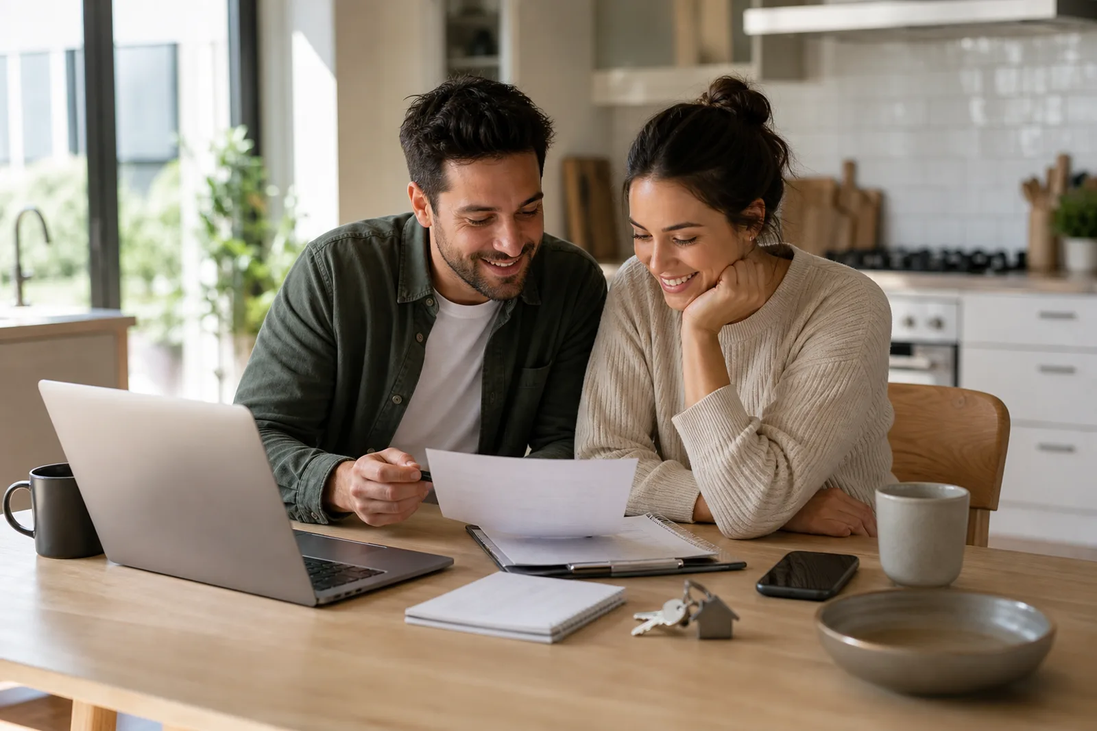 First-home buyers reviewing a property checklist with keys and a laptop in a bright kitchen