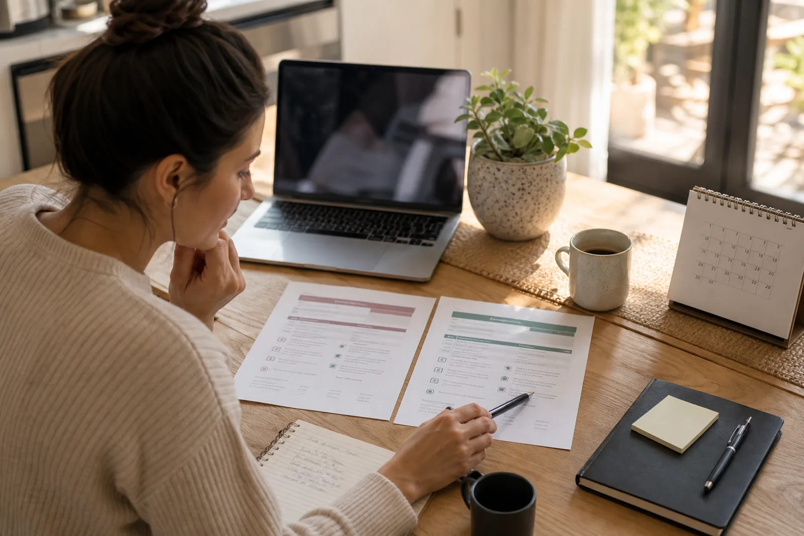 Borrower reviewing two generic home-loan option sheets at a sunlit table