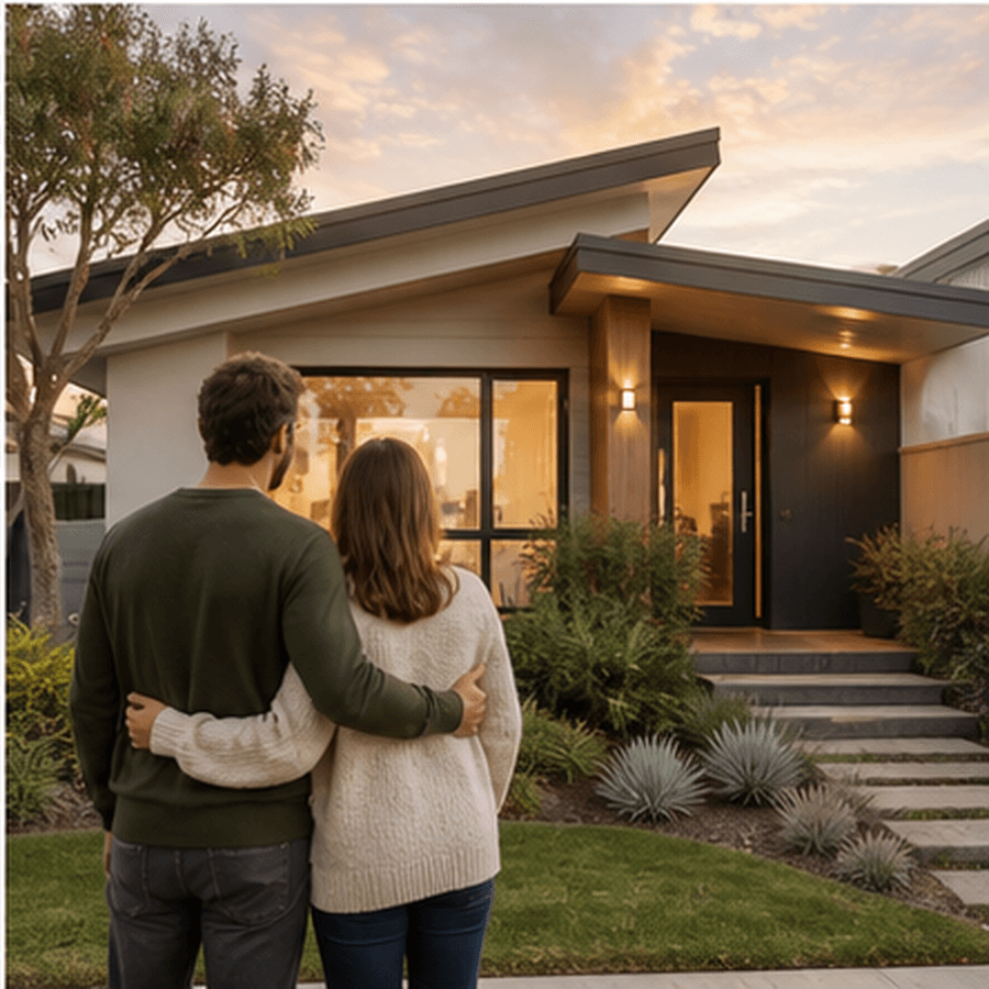 Australian home loan planning scene with a warm home exterior