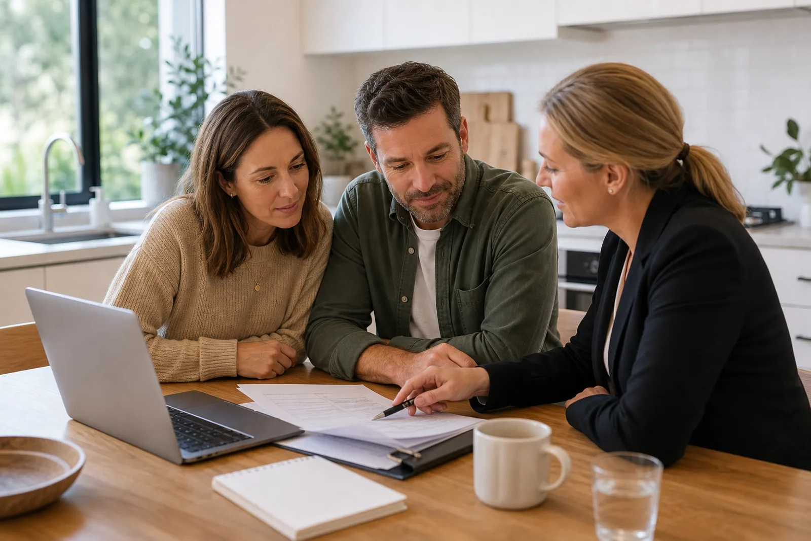 Borrowers reviewing current home-loan paperwork with a broker at a kitchen table