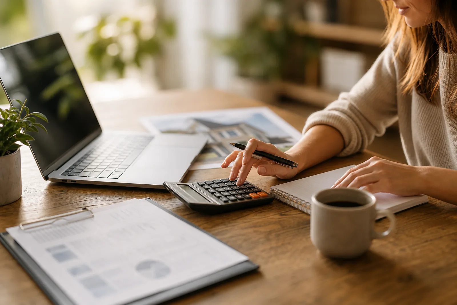 Borrower checking a calculator and household budget notes beside a laptop