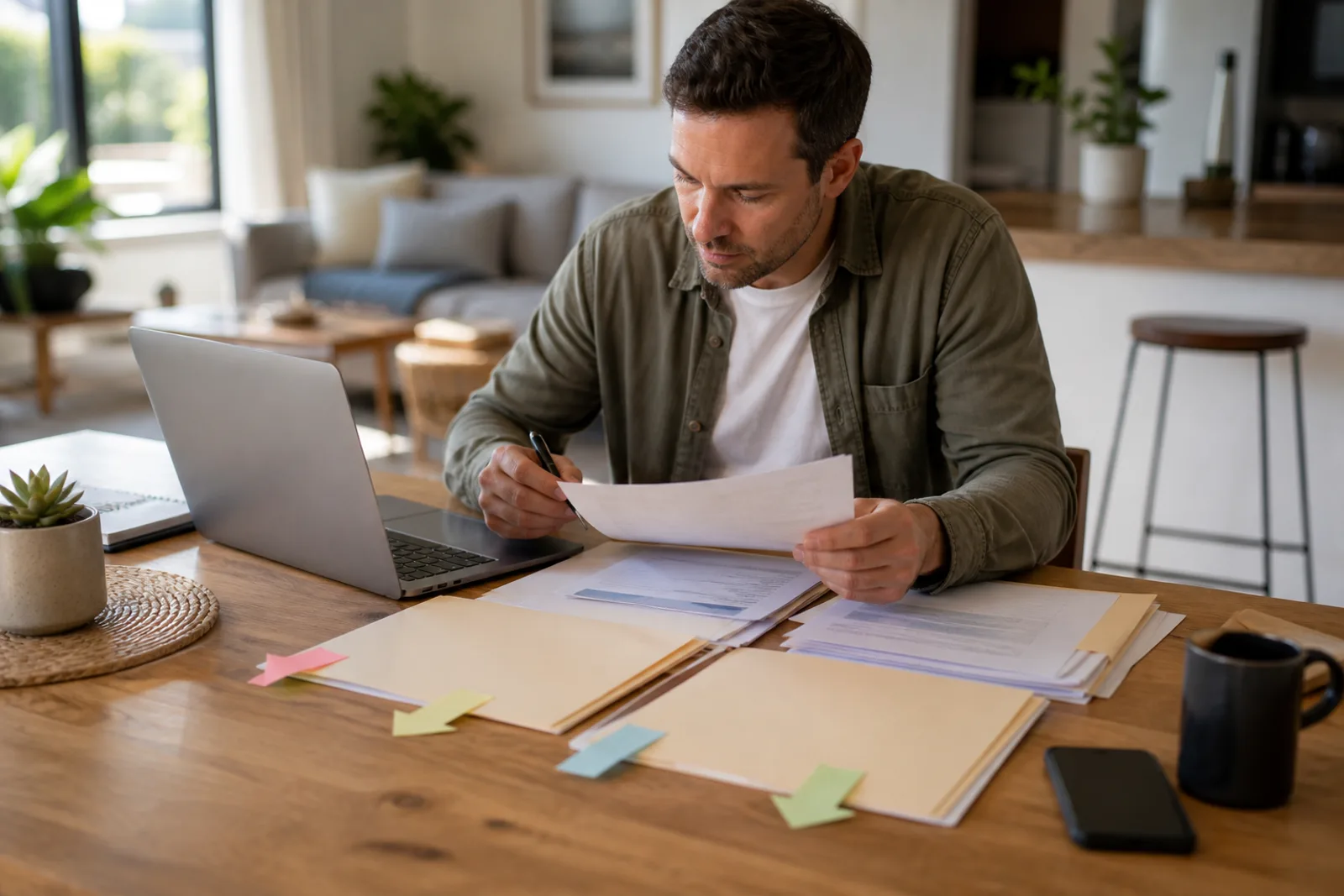 Borrower reviewing a simple sequence of refinance folders beside a laptop
