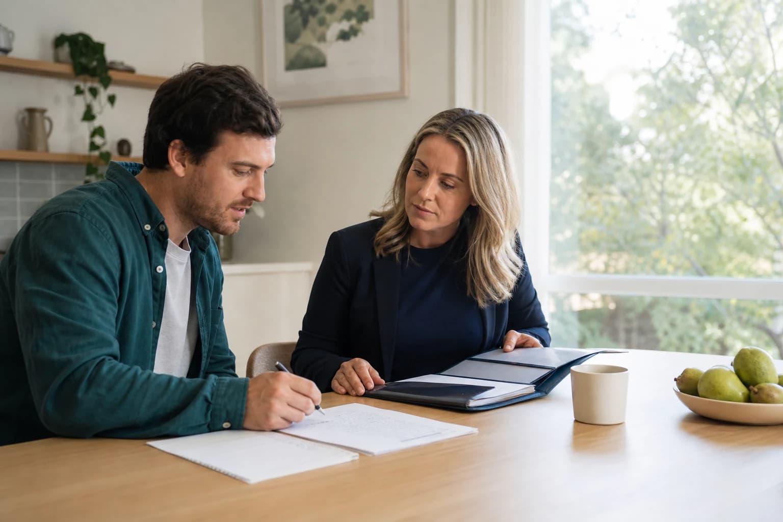 Australian borrower using a checklist during an introductory mortgage broker meeting