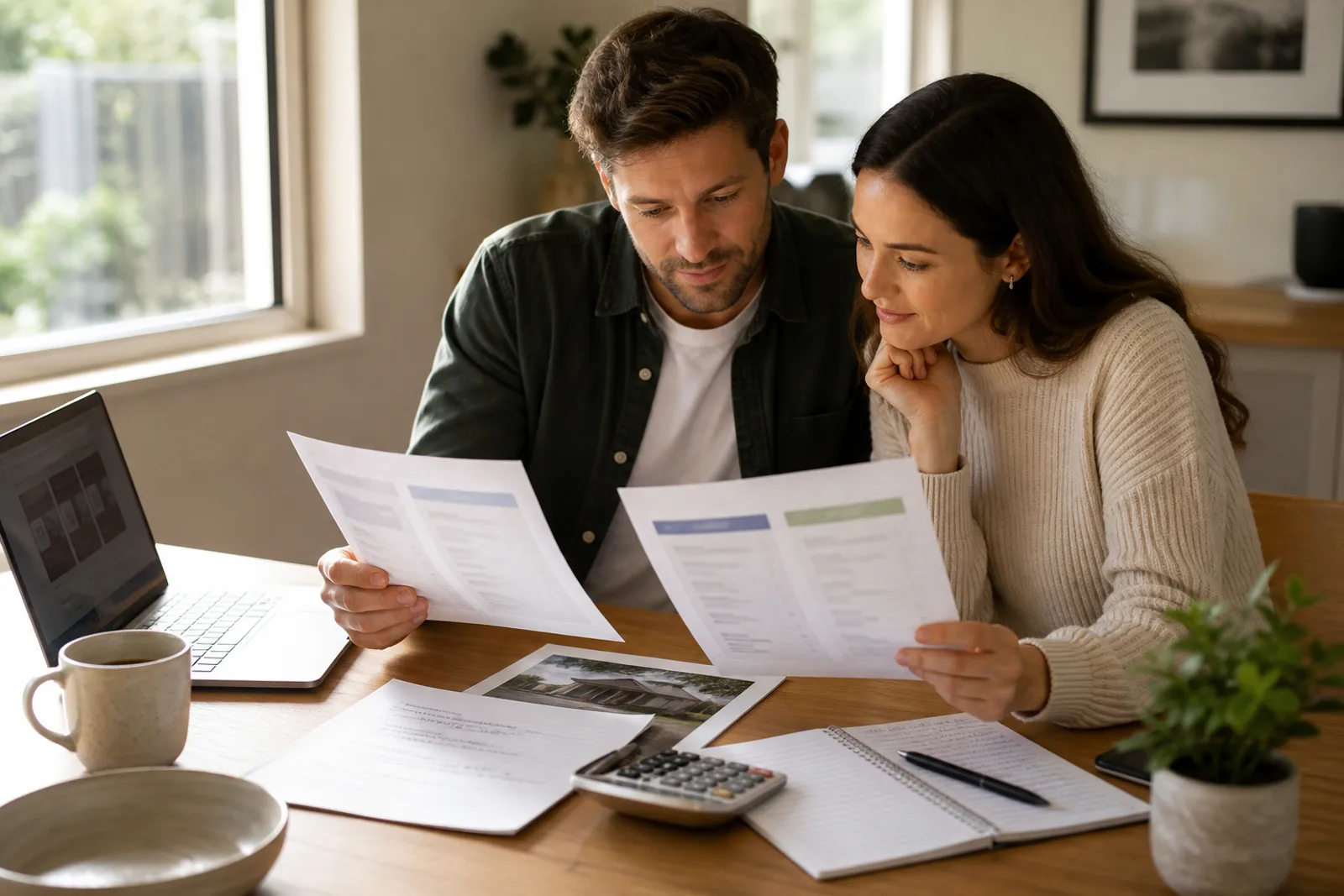 Borrower comparing generic loan option sheets with calculator and notes