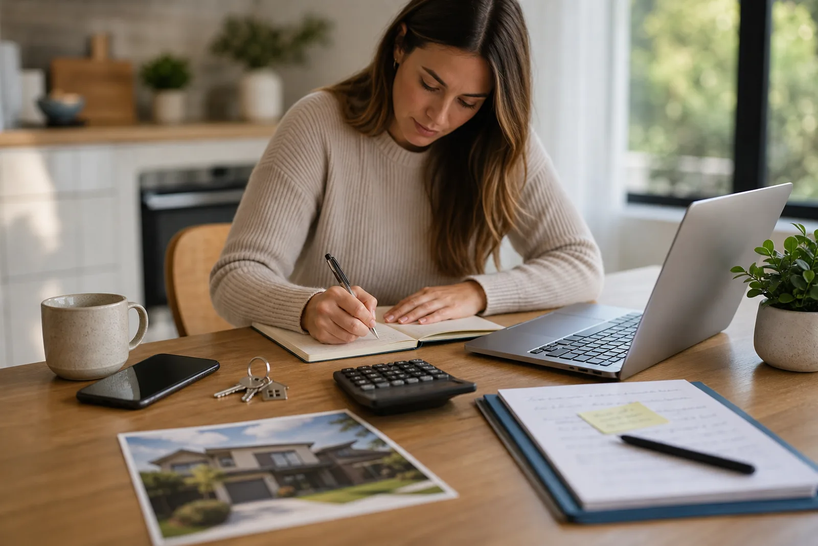 Home buyer planning deposit and equity with keys, calculator, and property notes