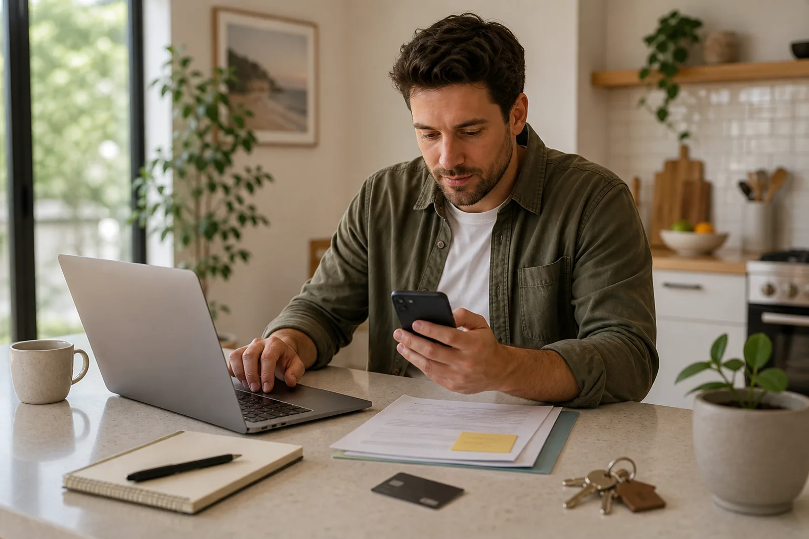 Borrower managing loan features on a laptop beside keys and savings notes