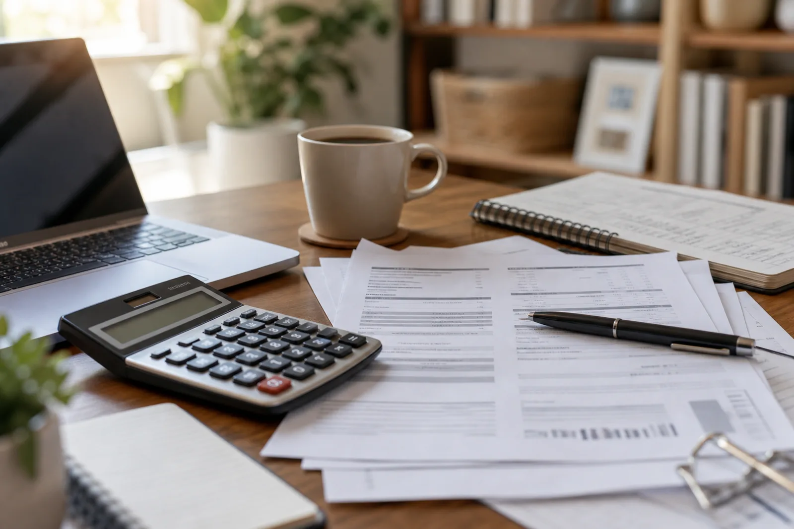 Calculator and blurred refinance paperwork arranged for cost review