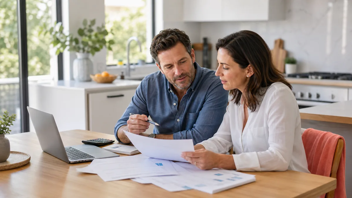 Homeowners comparing refinance paperwork with a laptop and calculator