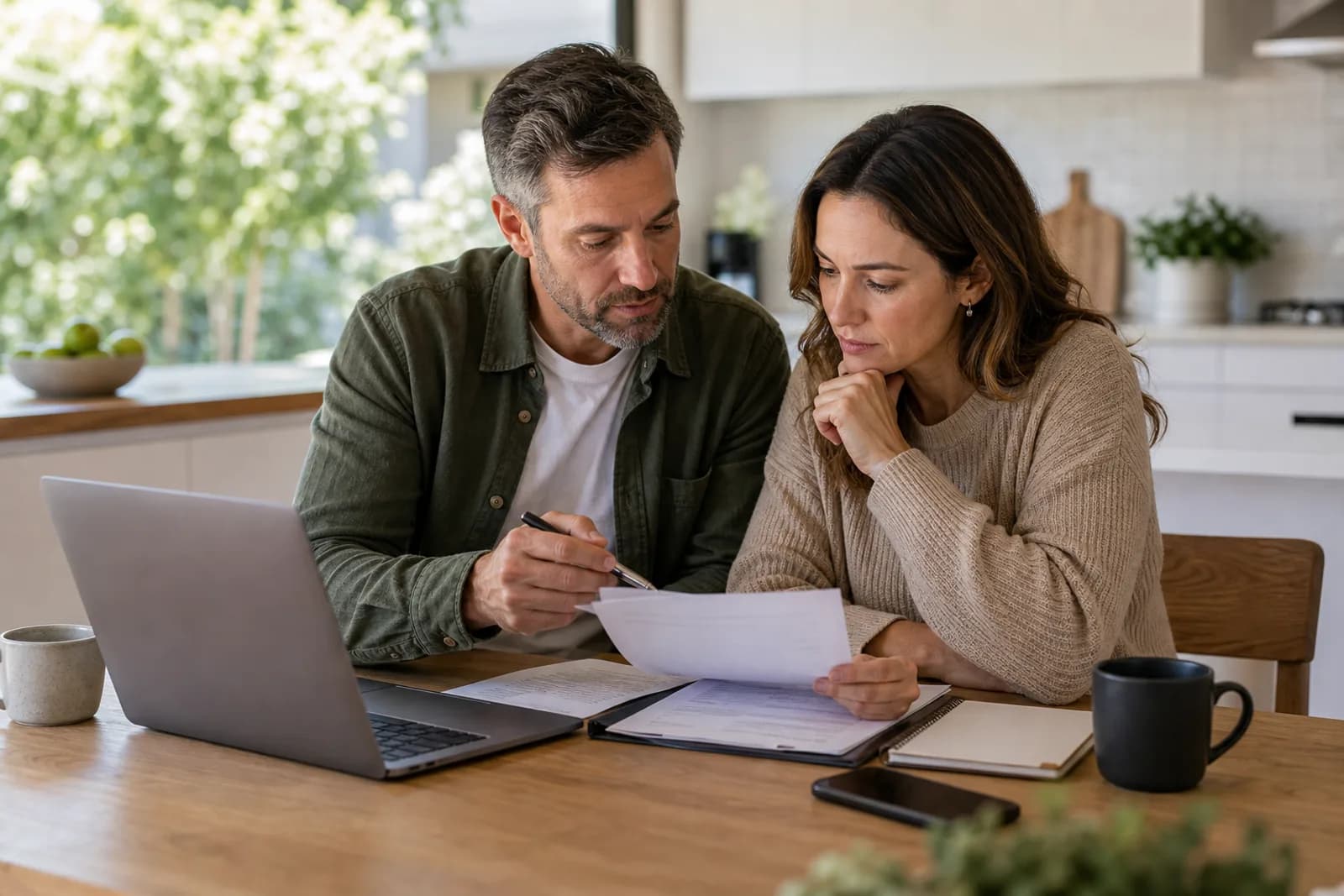 Existing homeowners reviewing current loan paperwork with a laptop at home