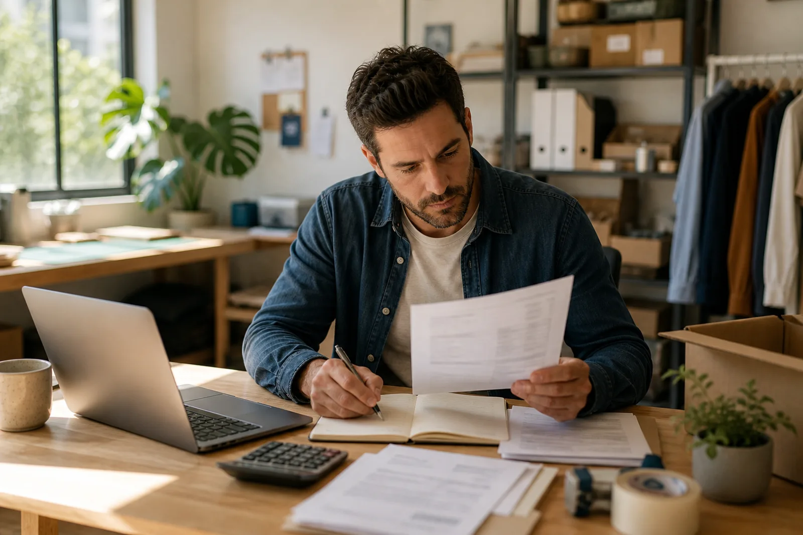Self-employed borrower reviewing business records with a laptop in a small studio office