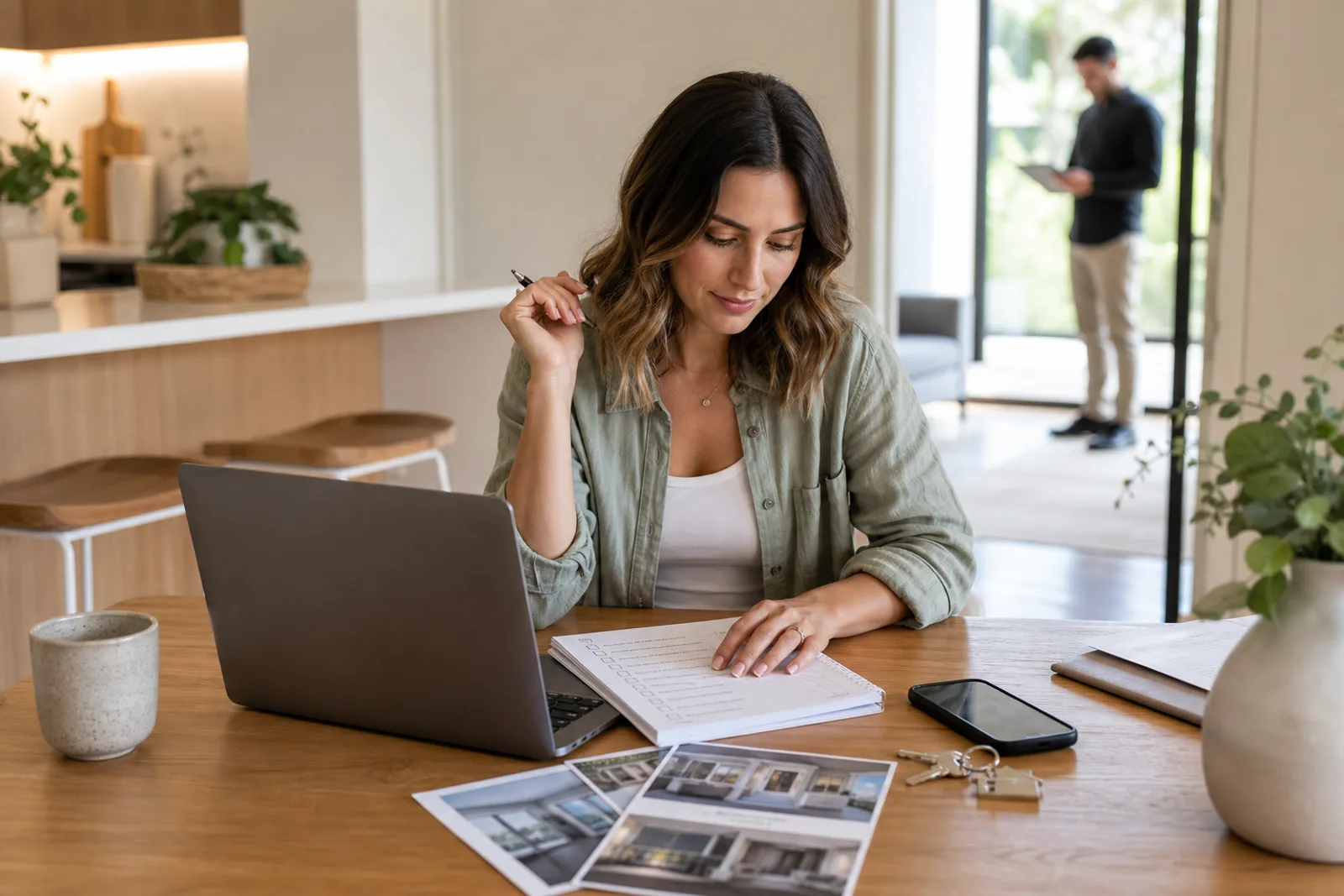 Home buyer preparing a checklist on a dining table before property inspections