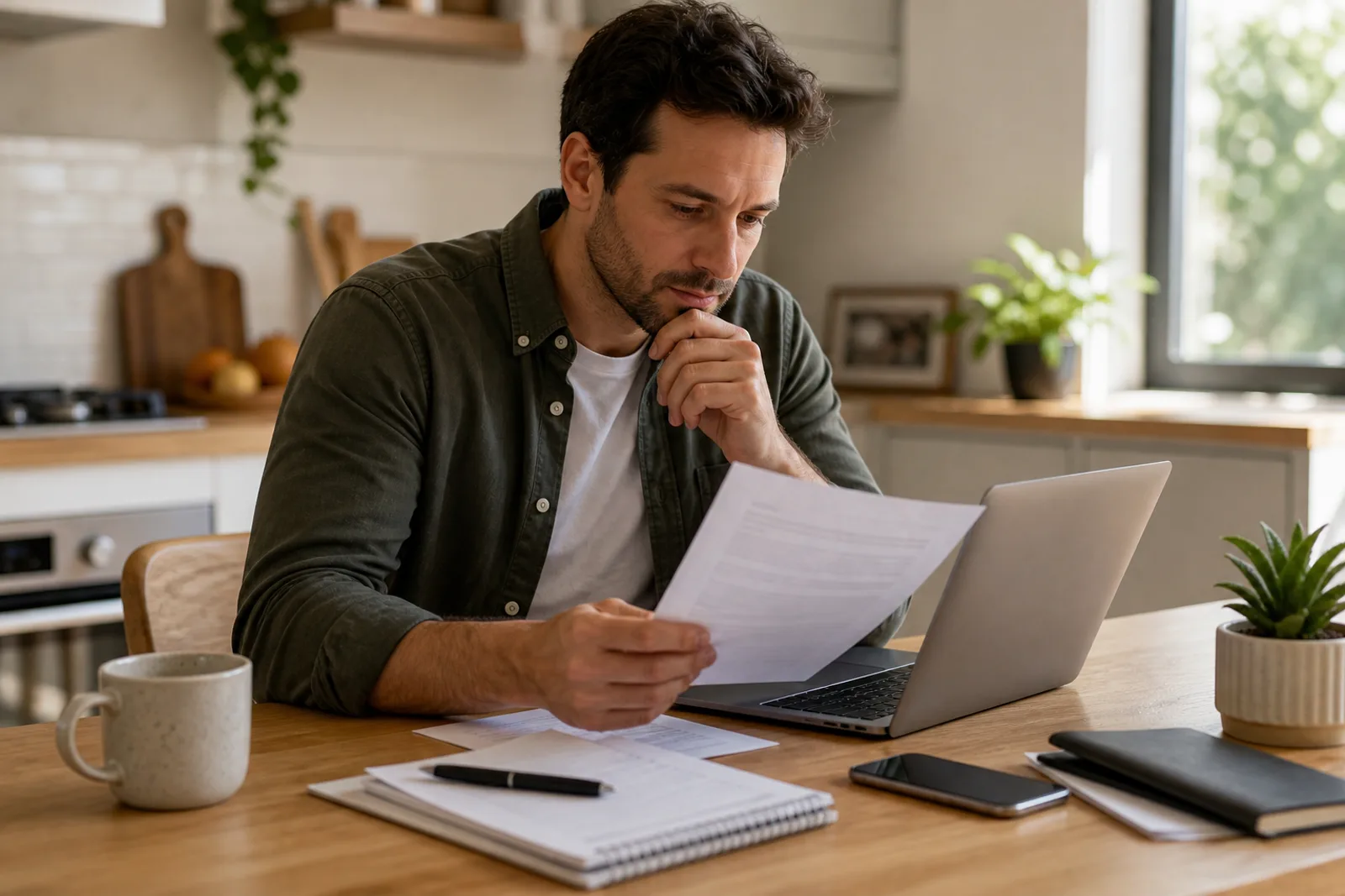 Homeowner considering refinance timing with a laptop, phone, and notebook