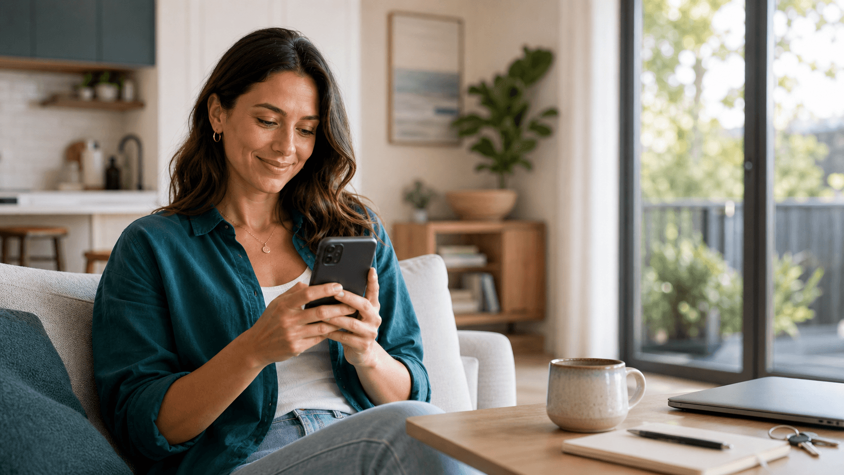 A homeowner using her phone at home
