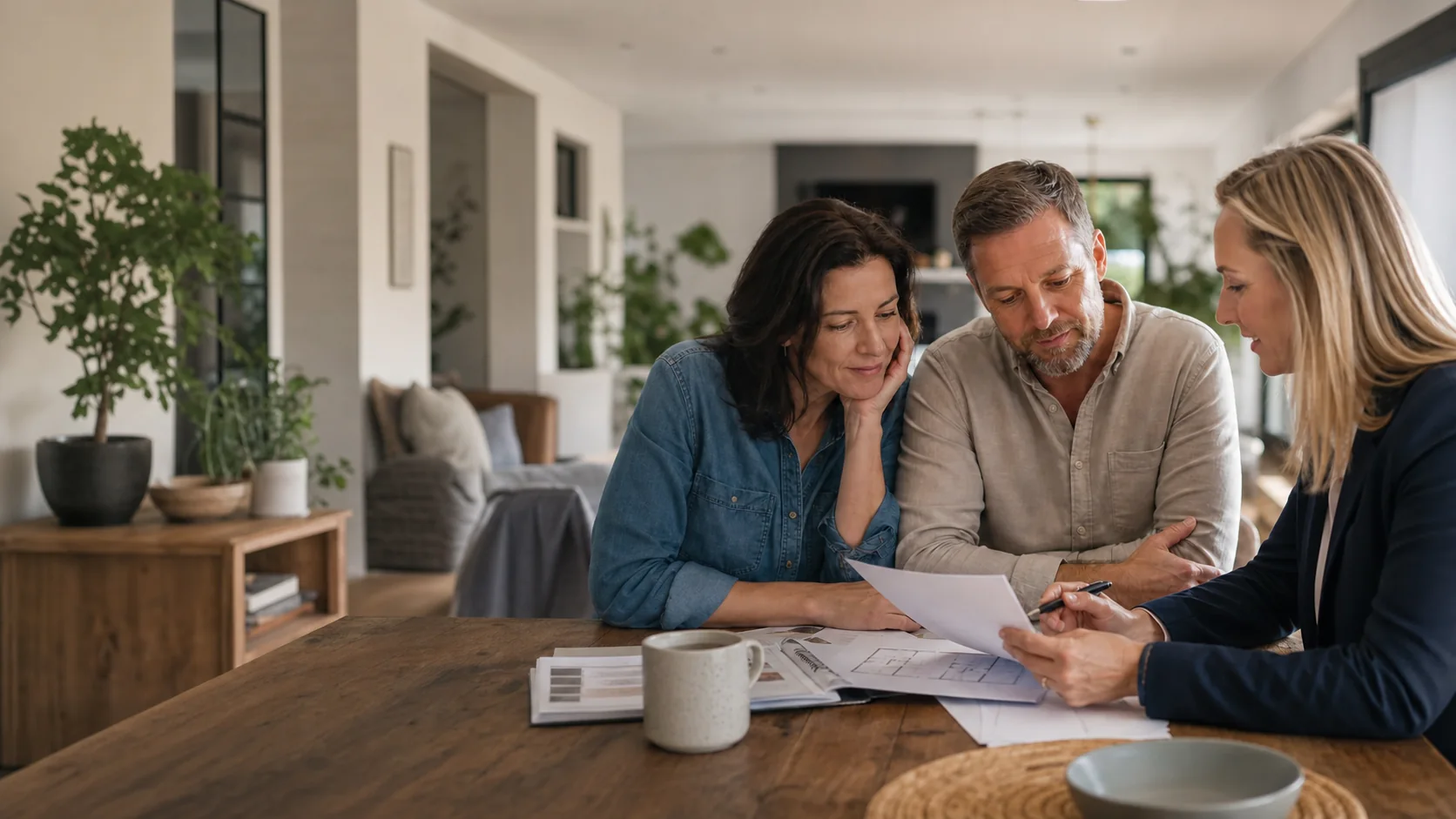Mortgage broker discussing home loan plans with a couple